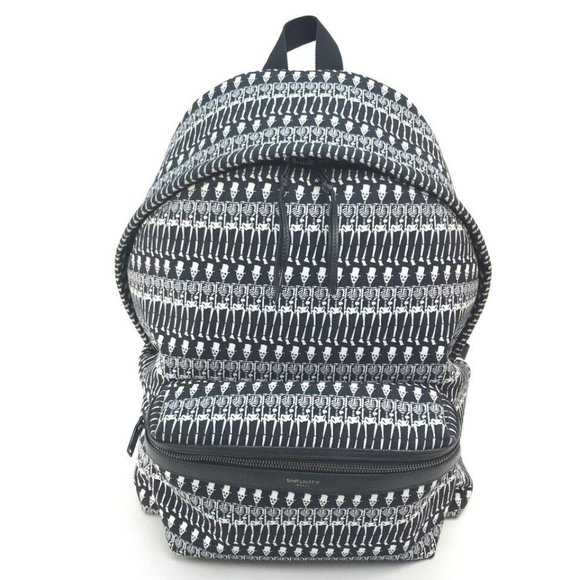 SAINT LAURENT PARIS 435988 Skull Pattern Backpack-Bag Canvas Black x White - Picture 1 of 16